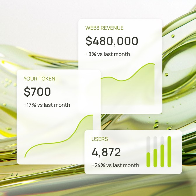 Green glass-metallic background with statistic cards